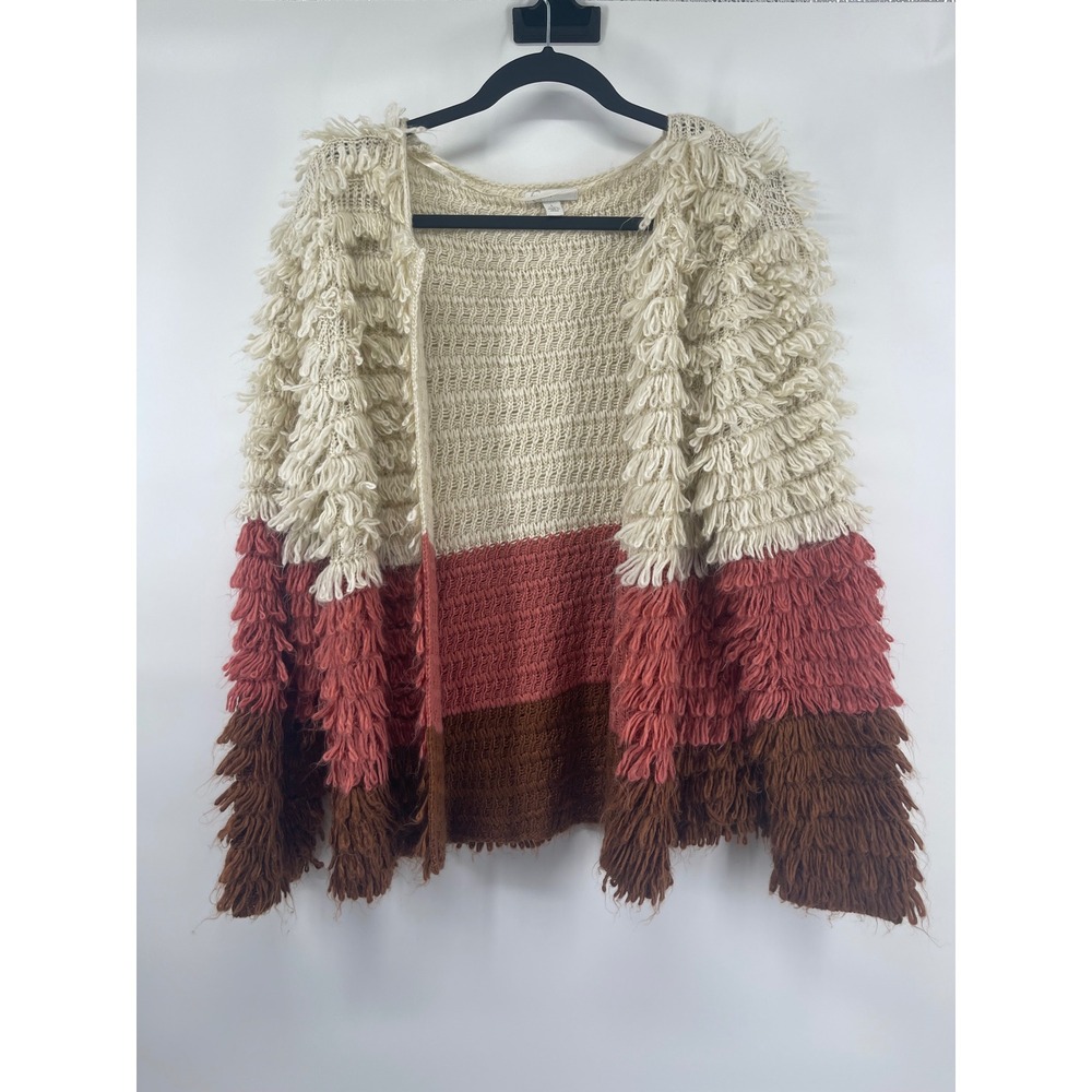 EST 1946 Women's Textured Fringe Cardigan Sweater Size L Cream Rust Brown